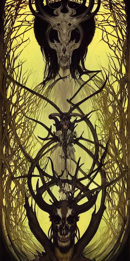 Image similar to intense glowing black metal pagan god with antlers and intense glowing eyes with a goat skull in very dark forest by karol bak and alphonse mucha, portrait, fantasy, clear, light beams, lens flare, intense, by josan gonzales and moebius, clean thick line, comics style, studio muti, malika favre, rhads, makoto