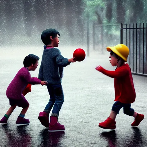Image similar to kids playing at playground in the middle of rainy day. photorealistic, hyperrealistic, cinematic, artstation, octane render, unreal, 8 k