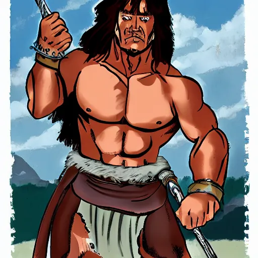 Image similar to conan the barbarian as a school teacher in the style of conan the barbarian by frank frazzetta