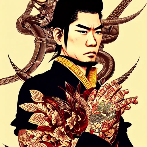 Image similar to a Yakuza warrior illustration, medium shot, intricate, elegant, highly detailed, digital art, ffffound, art by JC Leyendecker and sachin teng