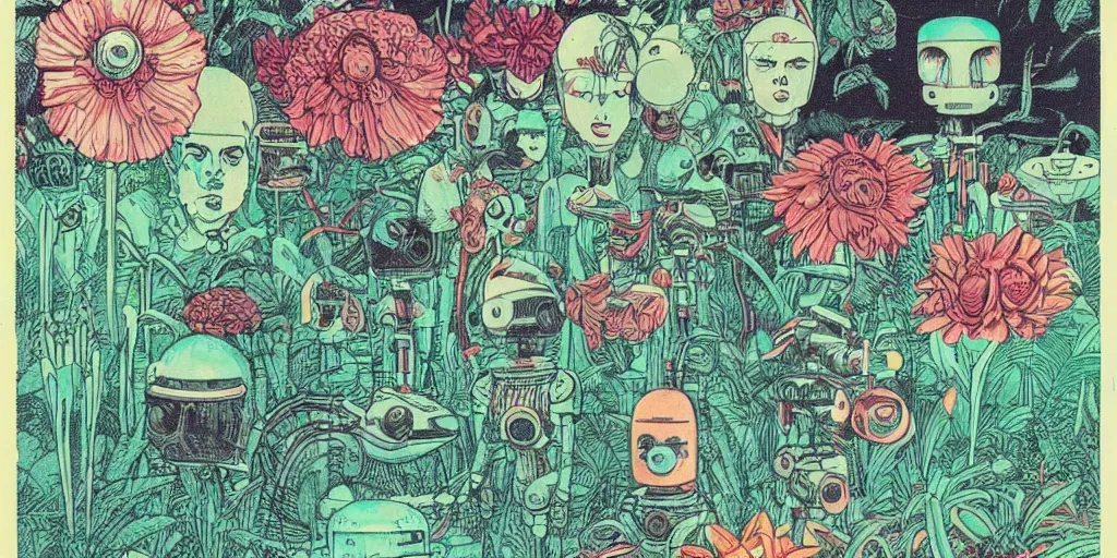 Image similar to vintage grainy scifi style, gigantic robot heads floating above the pool, tiny robots, a lot of exotic flowers and plants, risograph!!!, flat surreal design, super - detailed, a lot of tiny details, fullshot, by codex seraphinianus