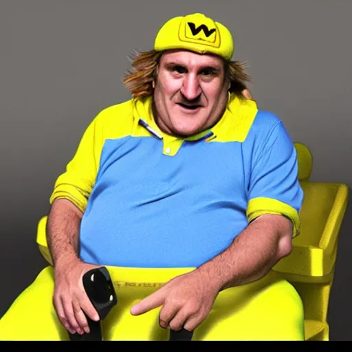 Prompt: Gérard Depardieu as Wario, yellow overall, yellow cap, the letter W, in a kart, Nintendo, render