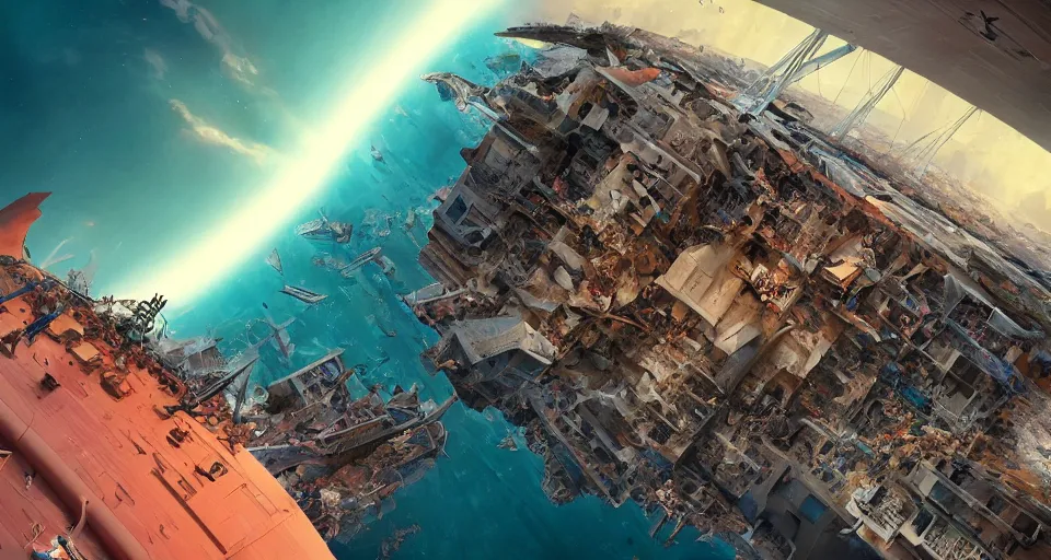 Image similar to The great migration of people on a huge ship collapsed in the form of an O'Neill cylinder in orbit of a gremlin, rectilinear, barometric projection, dutch angle from space view, concept art, high detail, intimidating, deep rich colors, iridescent radiance, epic scale ultrawide angle, stunning, epic, cinematic, Artstation trending, octane render, hyperrealistic, Cryengine 8k UHD