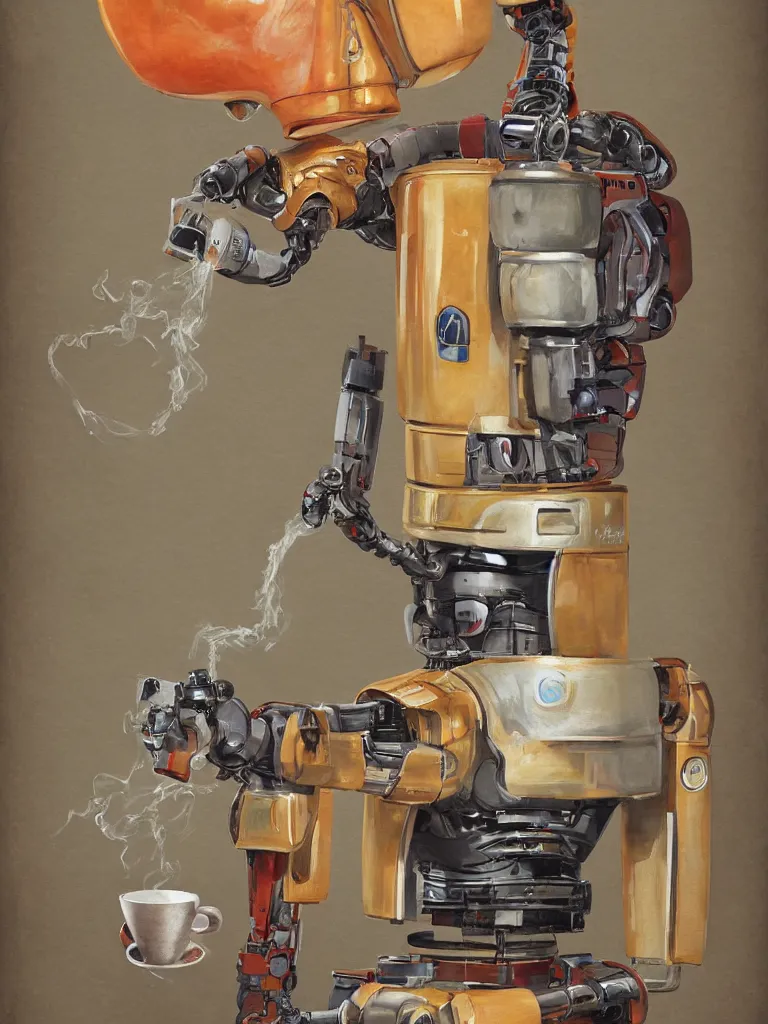 Image similar to half-length portrait of my friendly empatic robot offering a cup of fresh steaming coffee, by Simon Stalenhaag, by Yoshita Amano, by Esao Andrews, sharp focus, fresh colors, diviantart