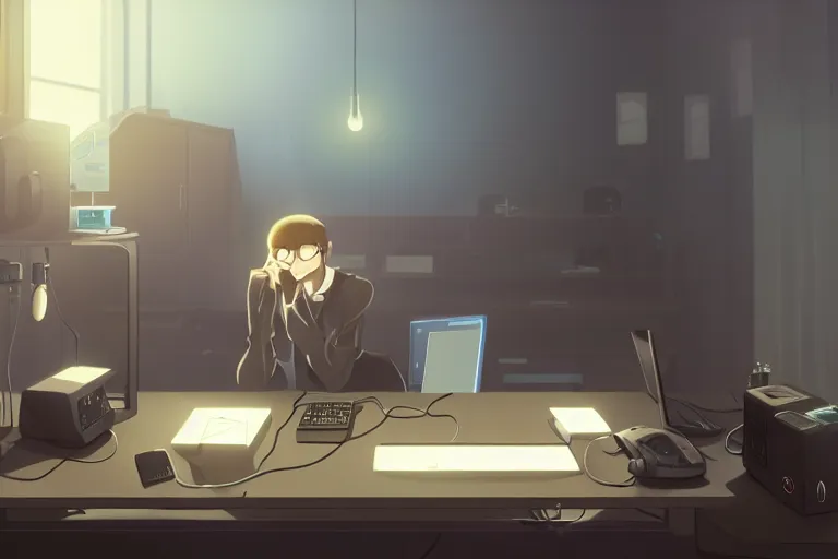 Prompt: a nerdy caracal is programming at a computer in a room full of gadgets, by makoto shinkai and ghibli studio, dramatic lighting, highly detailed, incredible quality, trending on artstation