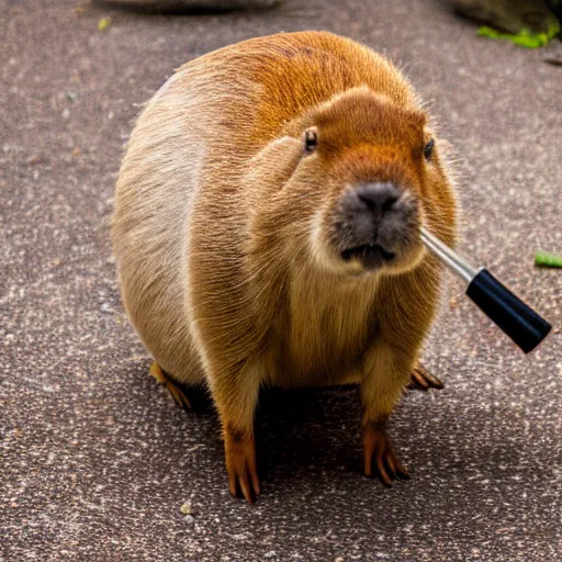 Prompt: high resolution photo of a capybara playing a jazz drum set, wide angle, 2 8 mm