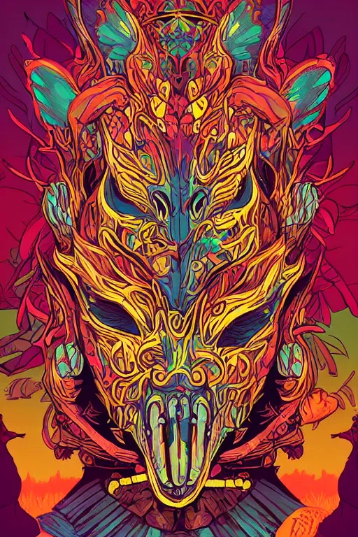 Image similar to animal mask totem roots tribal feather gemstone plant wood rock shaman vodoo video game vector illustration vivid multicolor borderlands comics by josan gonzales and dan mumford radiating a glowing aura