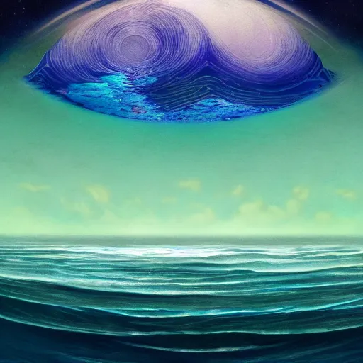 Image similar to atlantic the aftermath madness fantasycore seascape, Precise and Intricate Linework, Art Nouveau Cosmic 4k Detailed Matte Illustration unsplash contest winner ,CGSociety, Royal purple and Aquamarine color scheme, Pastiche by Christopher Moeller, Pastiche by Rockwell Kent