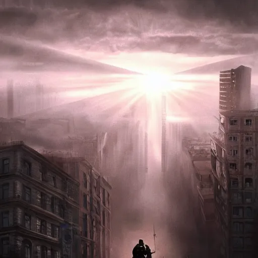 Image similar to a boy in a big apocalyptic city, sunrays in fog, sharp high quality artwork in style of jared chavez, unreal engine, hyper realism, realistic shading, cinematic composition, hdr, detailed textures, photorealistic, 3 5 mm film, concept art, top of artstation