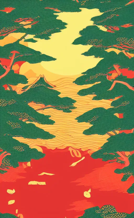 Image similar to hanafuda, an aperture to a lake in a forest of japanese pines, a big red sun in the background, front game card, vector line art, trending on behance, concept art, stunning, matte