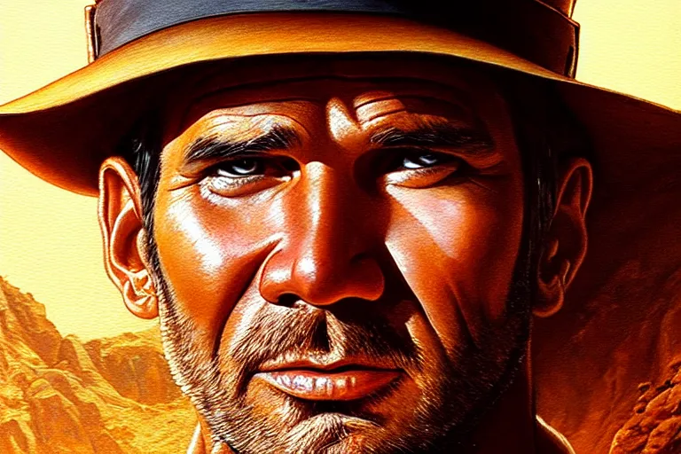 Image similar to hyperrealistic mixed media painting of Indiana Jones, perfect facial symmetry, dim volumetric lighting, 8k octane beautifully detailed render, post-processing, portrait, extremely hyper-detailed, intricate, epic composition, realistic eyes, cinematic lighting, masterpiece, trending on artstation, stunning, art by P. Craig Russell and Barry Windsor-Smith