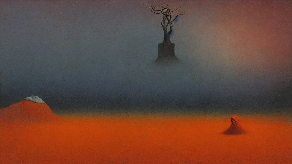Prompt: scary landscape, surrealism, bright color pallet, painted by zdzisław beksinski