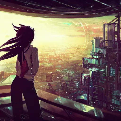 Image similar to android mechanical cyborg anime girl overlooking overcrowded urban dystopia. long flowing hair. gigantic future city. pitch black night. raining. makoto shinkai. wide angle. distant shot. dark and dreary.