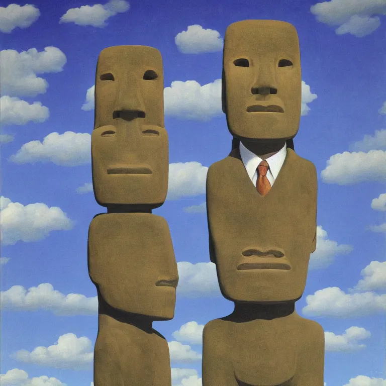 Image similar to portrait of a moai - head man in a suit, clouds in the background, by rene magritte, detailed painting, distance, middle centered, hd, hq, high resolution, high detail, 4 k, 8 k