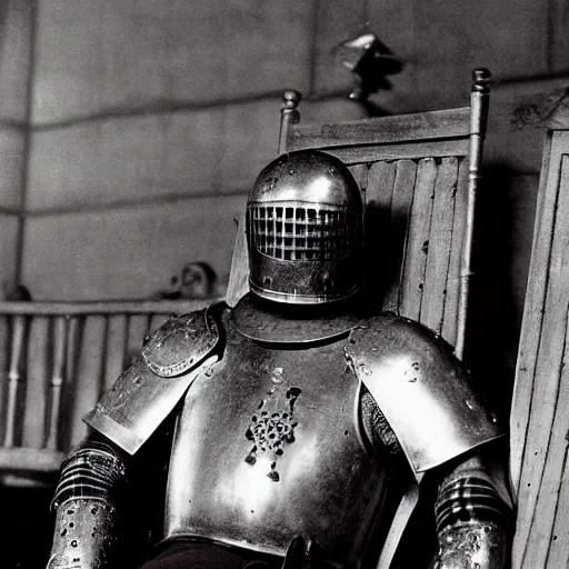 Prompt: 1 9 5 0's photograph of a medieval knight in shining armor sitting in an opulent movie theater watching a western