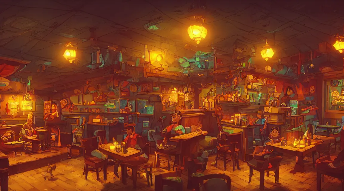 Prompt: A multidimensional cozy tavern, retro video game vibe, cinematic lighting, epic composition, cartoon, animation, background art, post processing, 8K resolution