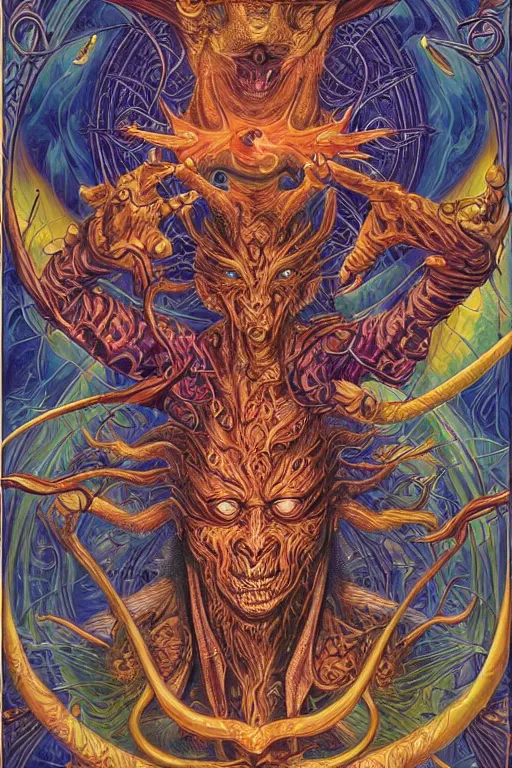 Image similar to beautiful tarot card ofa demon by dan mumford and carol bak and alex grey, oil on canvas, intricate, symmetrical, portrait, 8k highly professionally detailed, HDR, CGsociety