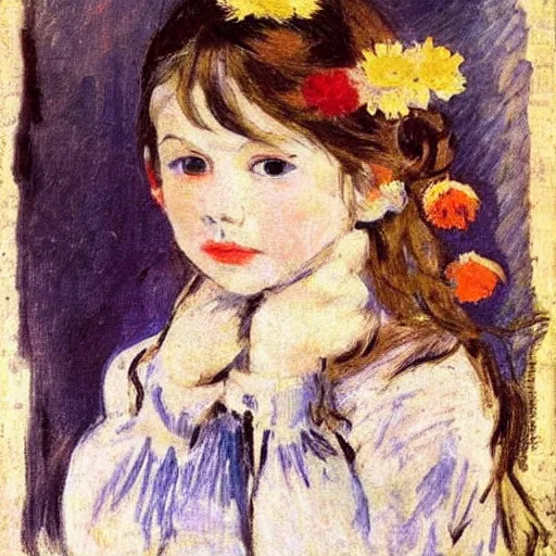 Prompt: Young girl, with flowers on her face, Valentin Serov style