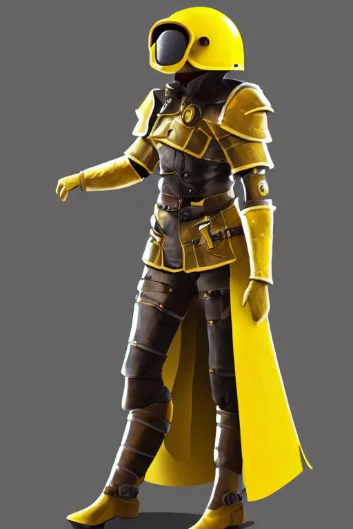 Image similar to female adventurer in tight full - body canary yellow gambeson leather armor of italian design with diamond pattern and brown leather accents and a closed armet helmet with visor down, trending in artstation, establishing shot