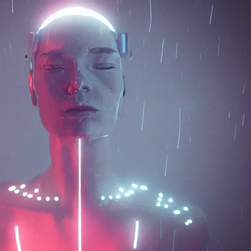 Image similar to a human made out of rain, neon, rendered in octane, unreal engine, highly detailed, realistic, beautiful, emotional