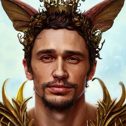 Image similar to closeup portrait shot of james franco as king oberon, fairy wings, lord of beasts, highly detailed, digital painting, artstation, concept art, soft focus, depth of field, artgerm, tomasz alen kopera, peter mohrbacher, donato giancola, wlop, boris vallejo