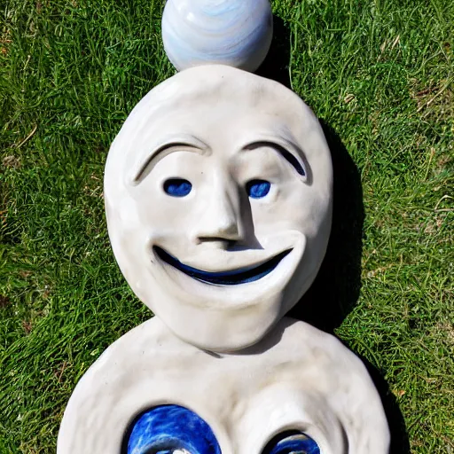 Prompt: anthropomorphic moon sculpture, man in the moon, ceramic, smiling moon, photograph, fine art, glazed ceramic, kitsch,