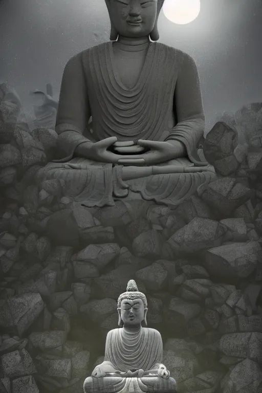 Prompt: a stone statue of buddha sit on the side of the road < bends down > to the < crying girl > who is held by the < ghost of her mother > behind her, craig mullins and ghibli digital art, red lanterns, night sky, stars, unreal engine, hyper realism, realistic shading, cinematic composition, realistic render, octane render, detailed textures, photorealistic