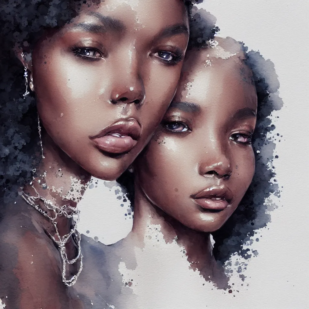 Image similar to beautiful watercolor painting of young black women, intricate, elegant, highly detailed, digital painting, artstation, concept art, smooth, sharp focus,, dynamic lighting, ultrarealistic, cinematic, octane render, 8 k