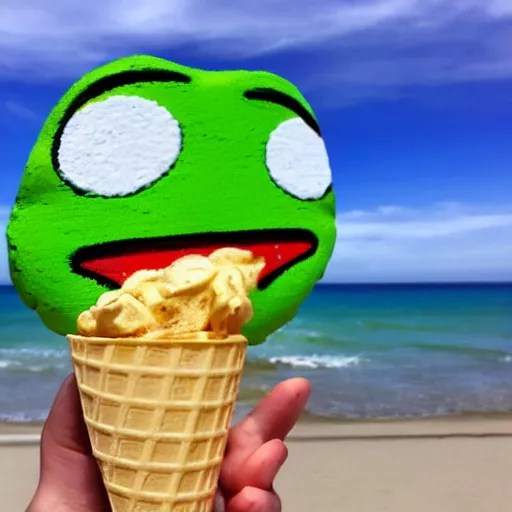 Image similar to pepe the frog enjoying his day on the beach with an ice cream cone in his hand, cartoon style