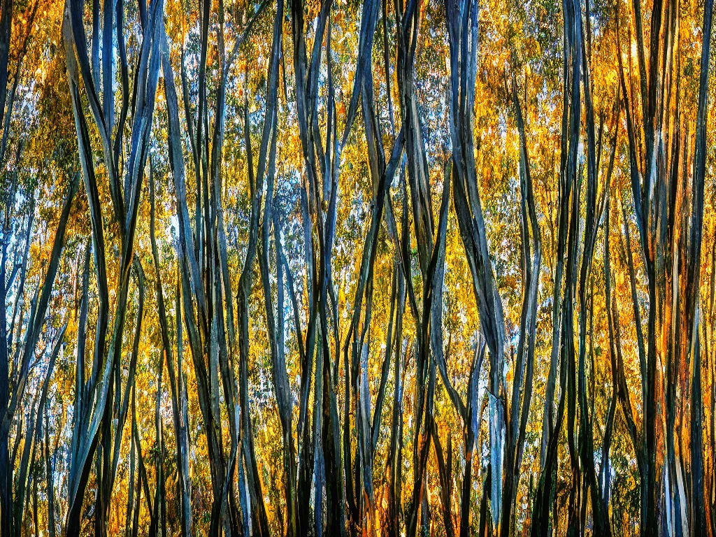 Prompt: double exposure photograph of tens of eucalyptus trees, flash exposure, autumn, in the style of edward steichen and pollock, sony ar 7 ii