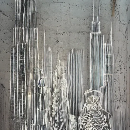 Prompt: Sculpture. A beautiful, but eerie, illustration of a cityscape at night. The buildings are all tall and thin, and they are lit up by a strange light. The sky is deep and dark and there are no stars to be seen. ice carving, Indian by Sean Yoro, by Graham Sutherland offhand