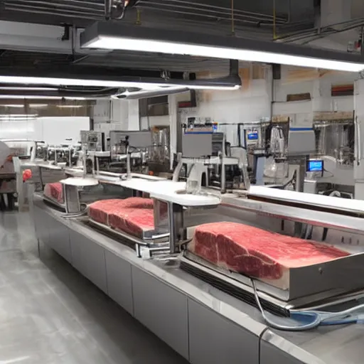 Image similar to butcher shop with robotic kuka robot cutting machines, steel countertops display various cuts of meat, photorealistic, highly detailed