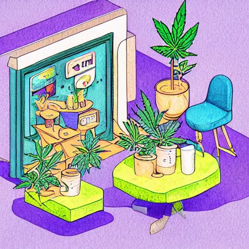 Image similar to isometric cute cartoon illustration bar, decorated with only cute detailed cannabis leaves in two ceramic pots, tables, utopian simple frontage, 2 cute characters, cute poster, beautiful composition pleasing palette by will barnet, watercolor art, hyperrealistic style, inked digital, render fun cartoon