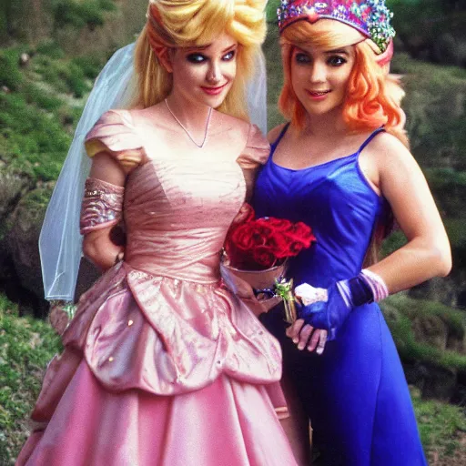 Image similar to photo of the lesbian wedding between princess peach and zelda circa 1 9 8 6