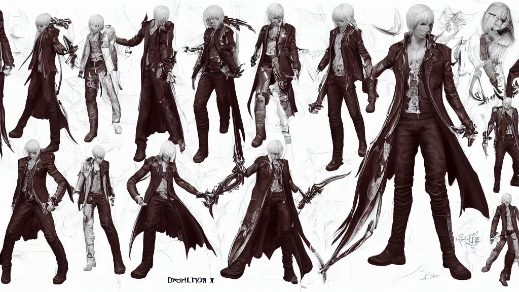 Prompt: devil may cry long haired son of sparda character design sheet, trending on artstation