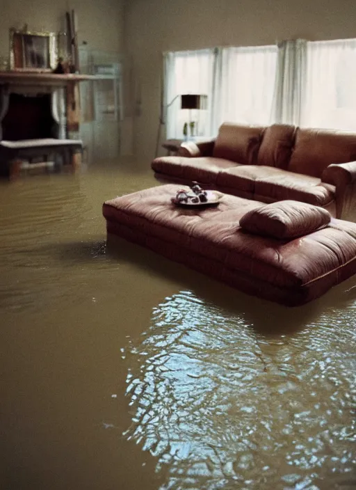 Prompt: kodak portra 4 0 0 photographic and realistic, 8 0 s living room, detailed, octane render, 4 k, hyper realistic, floor flooded, how river, wide angle, 2 8 mm, sharp focus, soft light, volumetric light fog, in the style of gregory crewdson