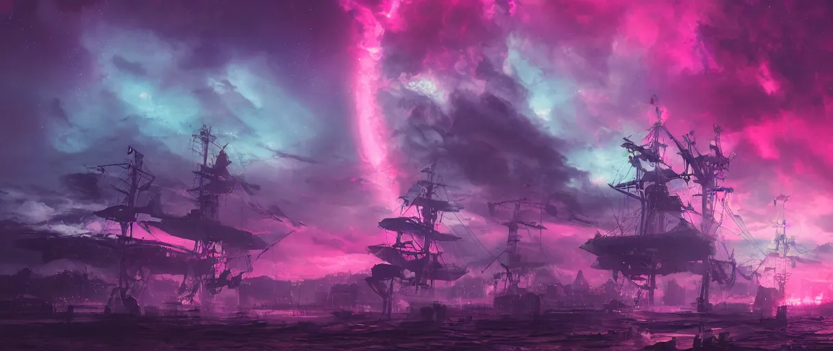 Image similar to mohawk, portrait big dark punk, space, hyperdetailed illustration, stars, pink, neon, oil painting, rich deep colors masterpiece, pirate neon ship, ultra detailed, contrast, heaven pink, clouds, volumetric light, atmospheric lighting, dramatic, cinematic, moody, octane render 4 k, 8 k