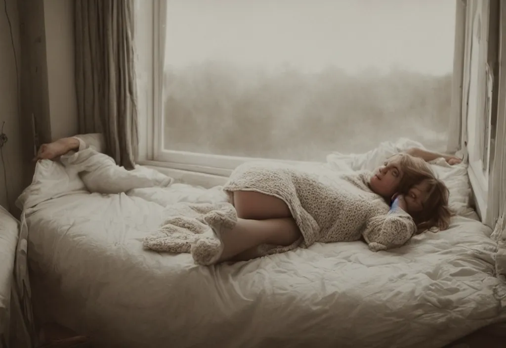 Prompt: Girl laying on the bed by the window in pajama, early morning, high Ange view, Cottage core, in a country house, Cinematic focus, atmospheric lighting, Polaroid photo, bleached, vintage, pastel colors, High-key lighting, soft lights, cozy, foggy, by Steve Hanks, by lisa yuskavage, by Serov Valentin, by Krenz Cushart, by Andrei Tarkovsky, 8k render, octane render, fine details, detailed, redshift, oil on canvas