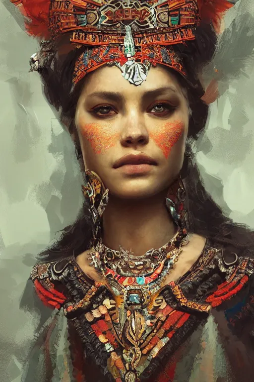 Prompt: aztec princess, gorgeous, close - up portrait, intricate, elegant, volumetric lighting, scenery, digital painting, highly detailed, artstation, sharp focus, illustration, concept art, ruan jia, steve mccurry