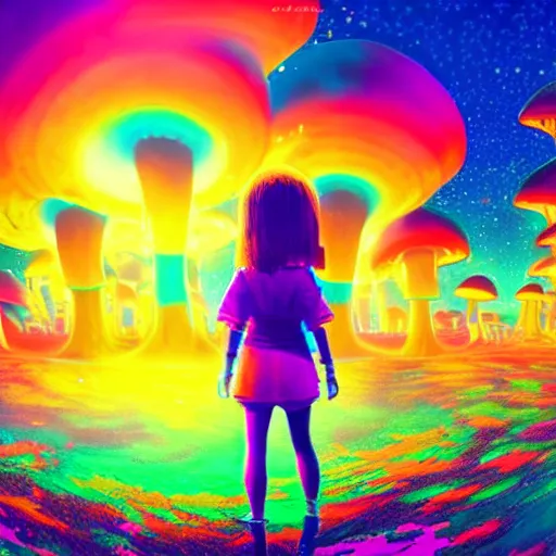 Prompt: Little girl wandering among many giant glowing mushroom clouds, Neon colors, psychedelic art, trippy, 4k, HQ, Trending on Artstation