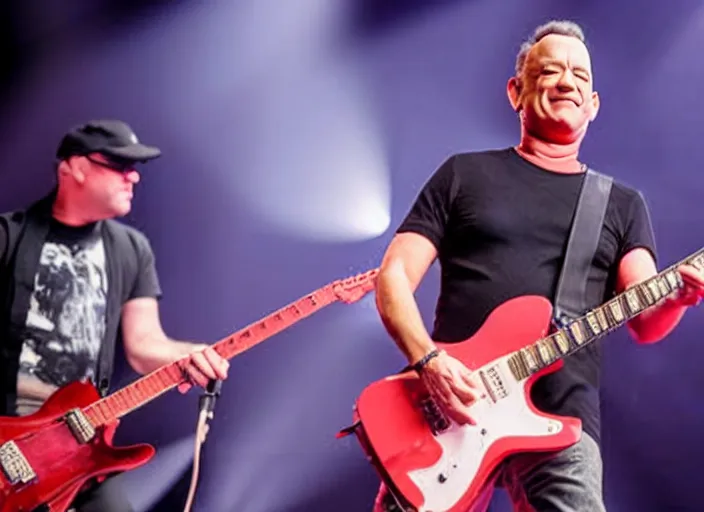 Image similar to publicity photo still of tom hanks on tour with limp bizkit playing live on stage, 8 k, live concert lighting, mid shot