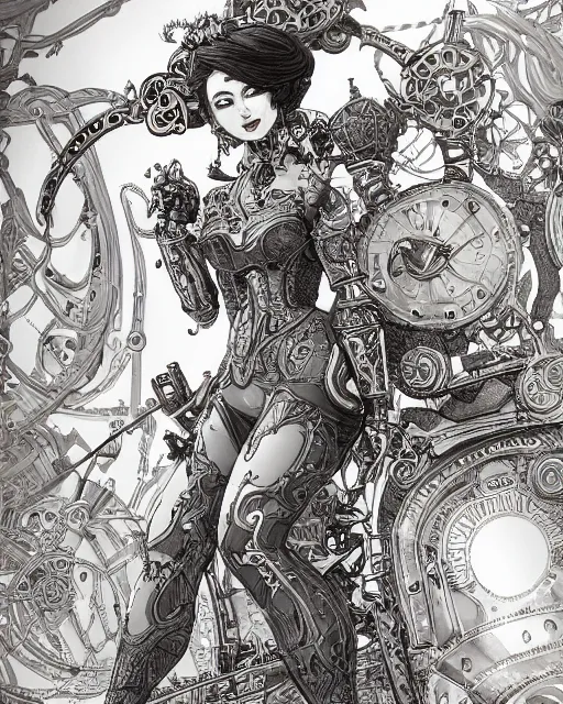 Image similar to lady mechanika, comic, intricate linework, detailed and intricate environment, artstation, trending, beautiful, highly detailed, focus, smooth, by joe benitez