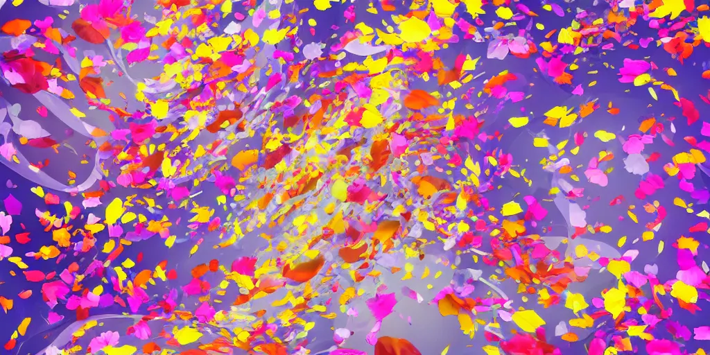 Prompt: background art of spaciously scattered multi colored flower petals flowing through the air from left to right on a clean background, anime, artgerm, manga, trending on artstation, art nouveau, large, medium, small elements