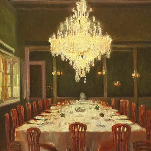 Prompt: Dinner party at the big room with chandelier oil painting