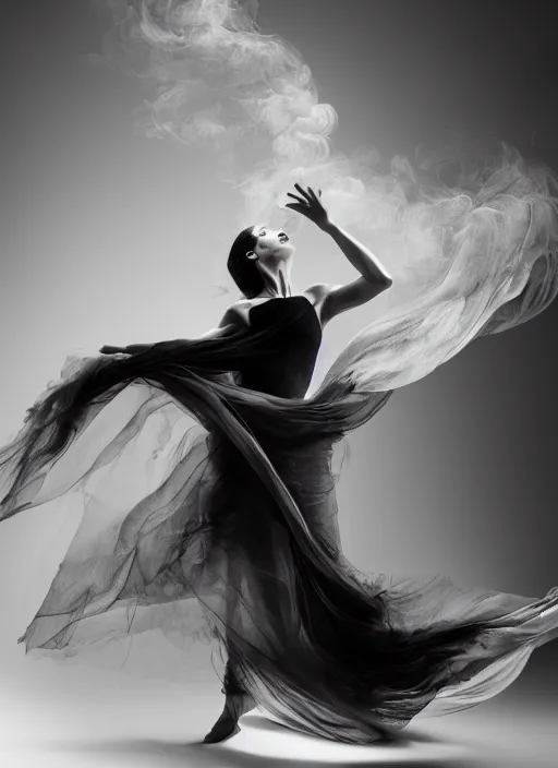 Image similar to a Photorealistic dramatic hyperrealistic render of a glamorous beautiful Female smoke dancer by Ken Brower and Deborah Ory of NYC Dance project,Lois Greenfield,Flowing cloth and smoke,Beautiful dynamic dramatic dark moody lighting,volumetric,shadows,cinematic atmosphere,Octane render,8K