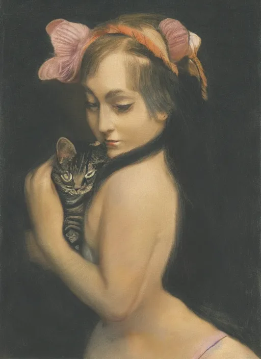 Prompt: Woman with cat in her hair