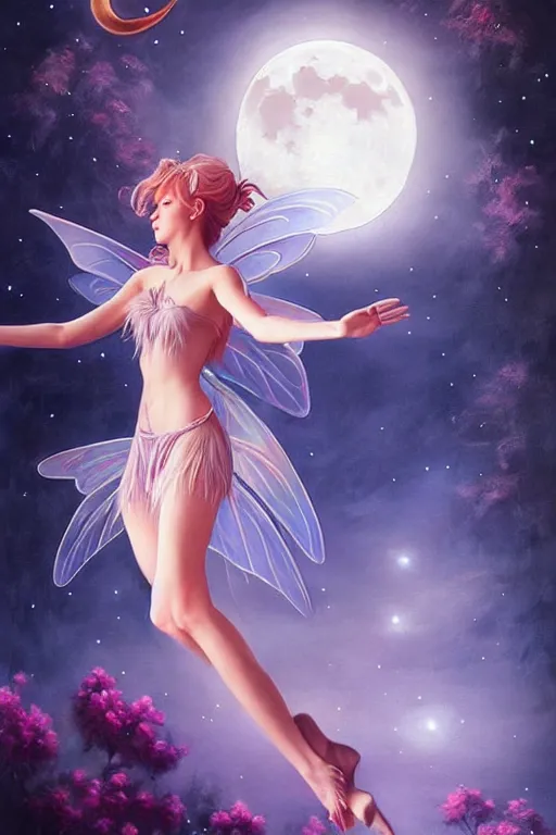 Image similar to attractive fairy magically floating high in the night, fantasy, full moon in background. highly detailed painting by artgerm, mid shot, 8 k