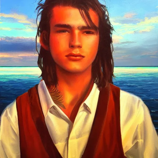 Image similar to a teen guy with mullet, portrait, sunset, ocean in distance, oil painting, pale colors, high detail, 8 k, wide angle, trending on artstation,