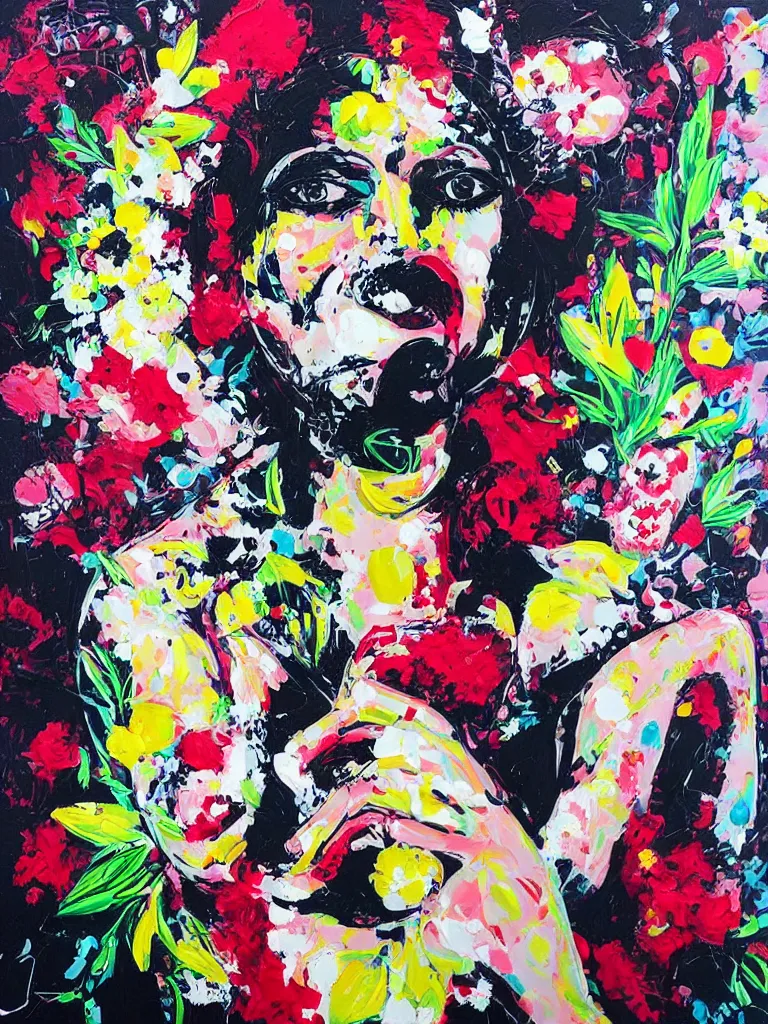 Prompt: “art in an Australian artist’s apartment, portrait of a woman wearing white cotton cloth, eating luscious fresh raspberries and strawberries and blueberries, edible flowers, black background, intricate, bold colour, acrylic and spray paint and oilstick on canvas”