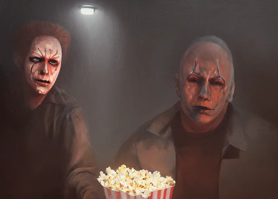 Image similar to dynamic portrait painting of Michael Myers sitting in a movie theater eating popcorn, sharp focus, face focused, trending on ArtStation, masterpiece, by Greg Rutkowski, by Ross Tran, by Fenghua Zhong, octane, soft render, oil on canvas, moody lighting, high contrast, cinematic, professional environmental concept art